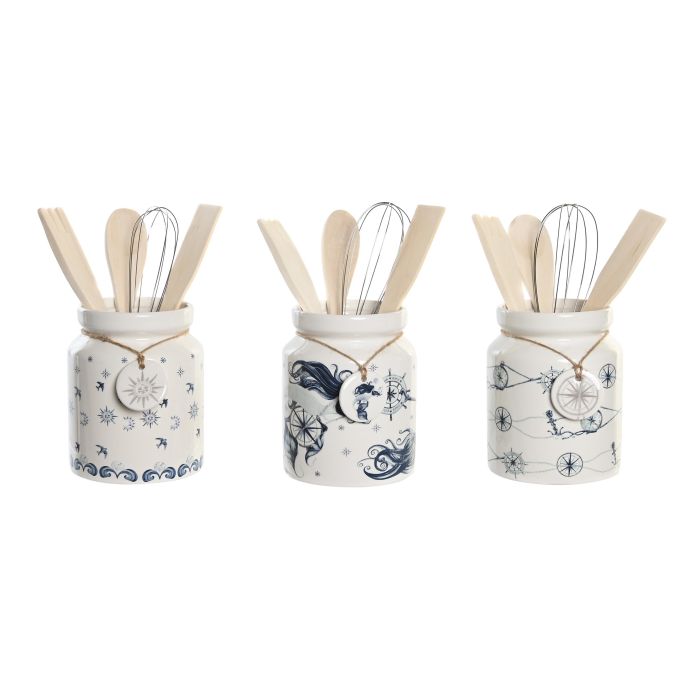 Bote Utensilios Atlantico DKD Home Decor Azul Blanco 12 x 25 x 12 cm Set de 5 (3 Unidades)