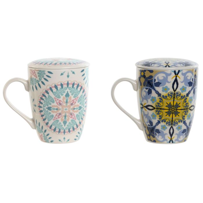 Mug Infusiones Mediterraneo DKD Home Decor Blanco Azul 6 x 10.5 x 8.3 cm (2 Unidades)