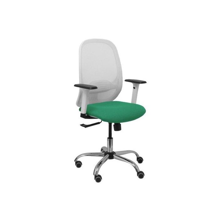 Silla Piqueras Y Crespo Cilanco Blanca Uso Intensivo Brazos Regulables Mecanismo Sincro Con Regulador De Tension Refuerzo Lumbar Regulable Base Cromada Ruedas Parquet Respaldo De Malla Blanca Y Asiento Tapizado Bali Verde Esmeralda