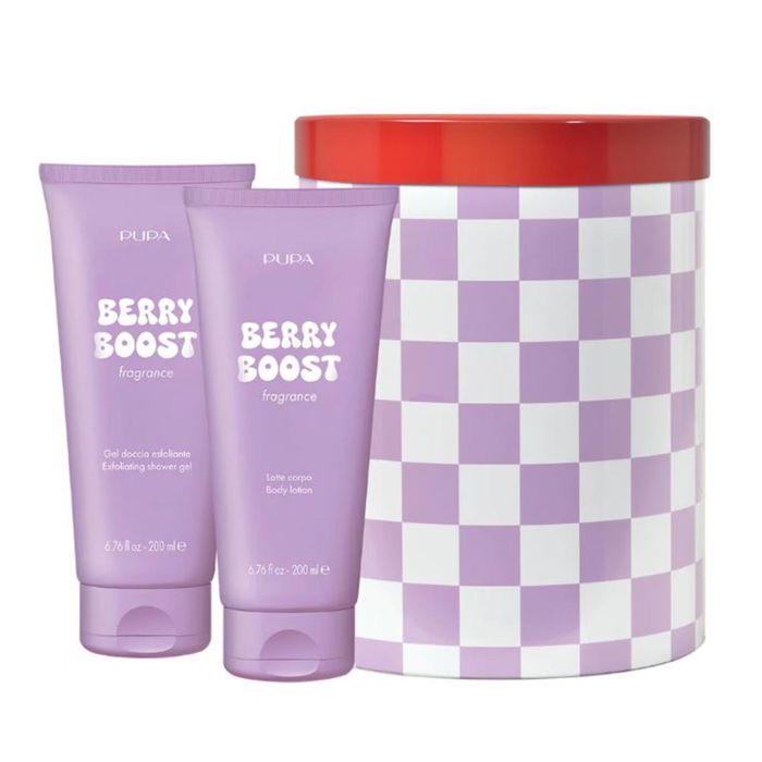 PUPA Berry Boost Loción Corporal Perfumada 200 ml + Gel de Baño Exfoliante 200 ml + Caja