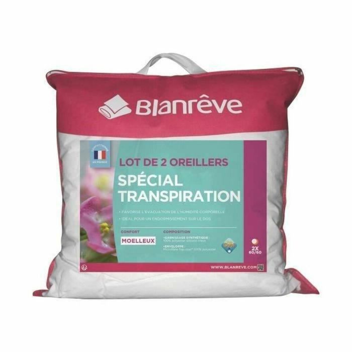 Blanreve Juego de 2 almohadas Transpiración especial, Comodidad suave, Microfibra Top Cool, Relleno silicona fibra hueca 550g - 60x60 cm Blanco