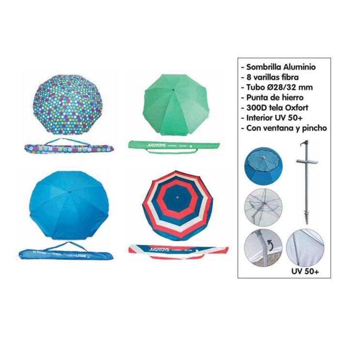 Sombrilla aluminio 200cm, 8 varillas fibra, tubo 28/32mm, punta de plástico con clavado fácil, 300d tela oxford, interior uv 50+, con ventana y pincho - modelos surtidos 2 Sombrilla aluminio 200cm, 8 varillas fibra, tubo 28/32mm, punta de plástico con clavado fácil, 300d tela oxford, interior uv 50+, con ventana y pincho - modelos surtidos 2