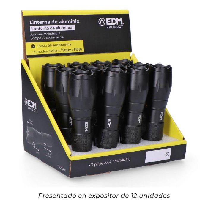 Edm Linterna de aluminio con zoom, 1 LED, 3 modos de luz (140lm/50lm/flash), 3W, 6500K, hasta 5h autonomía, 3xAAA incluidas 4 Edm Linterna de aluminio con zoom, 1 LED, 3 modos de luz (140lm/50lm/flash), 3W, 6500K, hasta 5h autonomía, 3xAAA incluidas 4