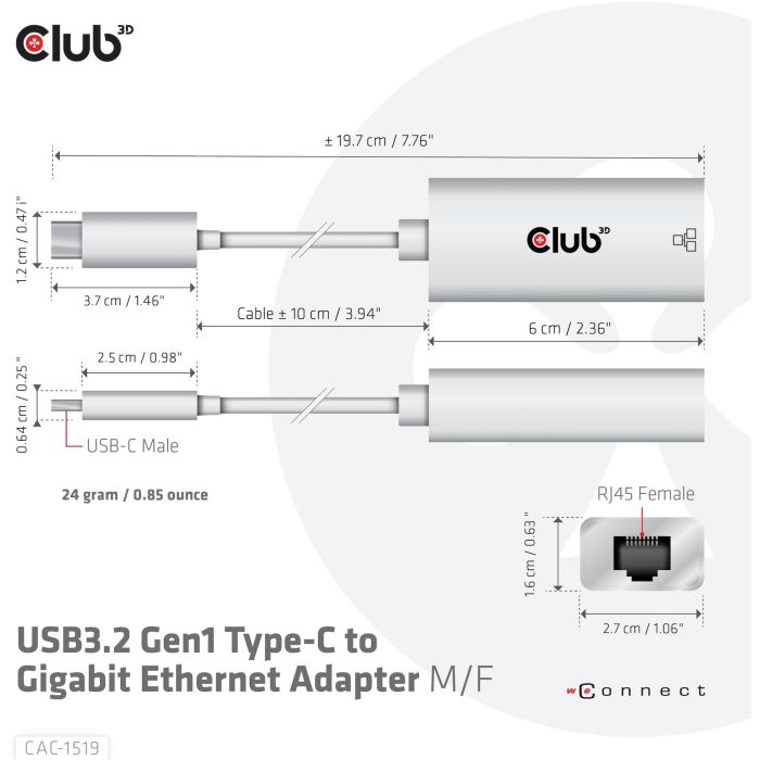 Club3D Adapter USB 3.2 Typ C > RJ45 Gigabit LAN St/Bu 3 Club3D Adapter USB 3.2 Typ C > RJ45 Gigabit LAN St/Bu 3