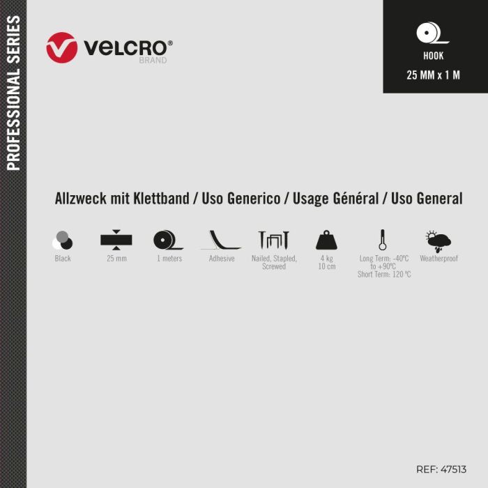 Velcro Cinta Alfa-Lok Lineal de Gancho Negra 25mm x 1m