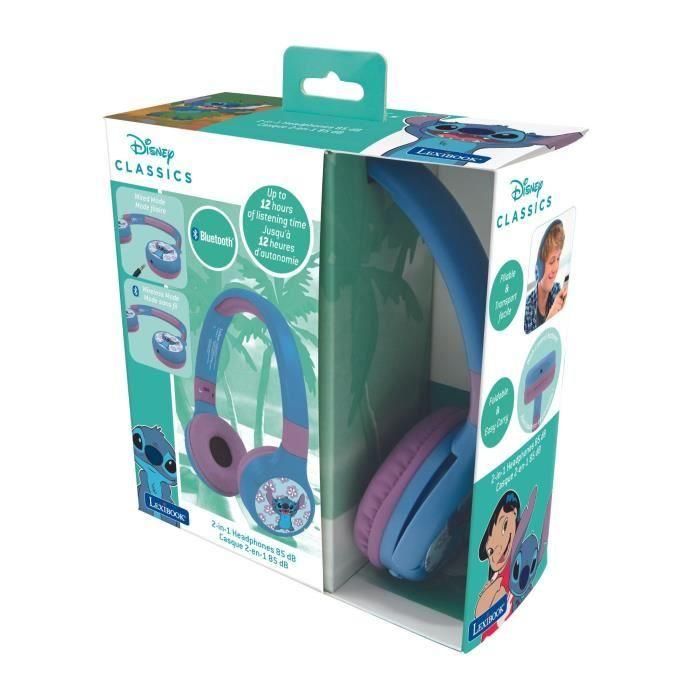 LEXIBOOK - Auriculares 2 en 1 Disney Stitch - Bluetooth inalámbrico 5.0 o cable Audi - Batería recargable de larga duración - Azul 3