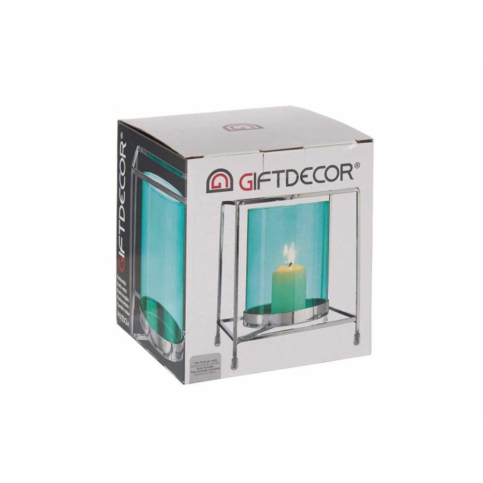 Giftdecor Base Vela Cristal Cuadrada Azul y Plata Metal 14 x 15.5 x 14 cm (Set de 8)