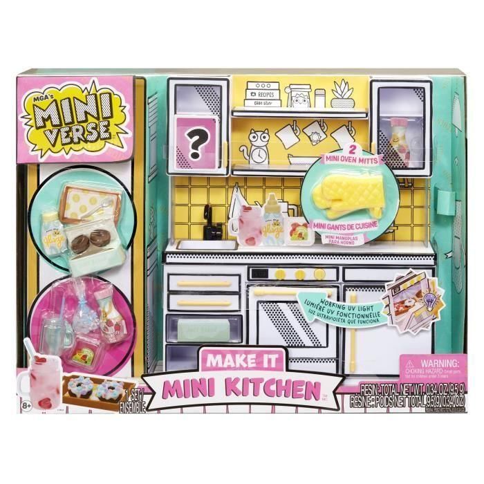 MGA's Miniverse - Make It Mini Kitchen - Cocina y 3 recetas incluidas - Lámpara UV horno, frigorífico y encimera