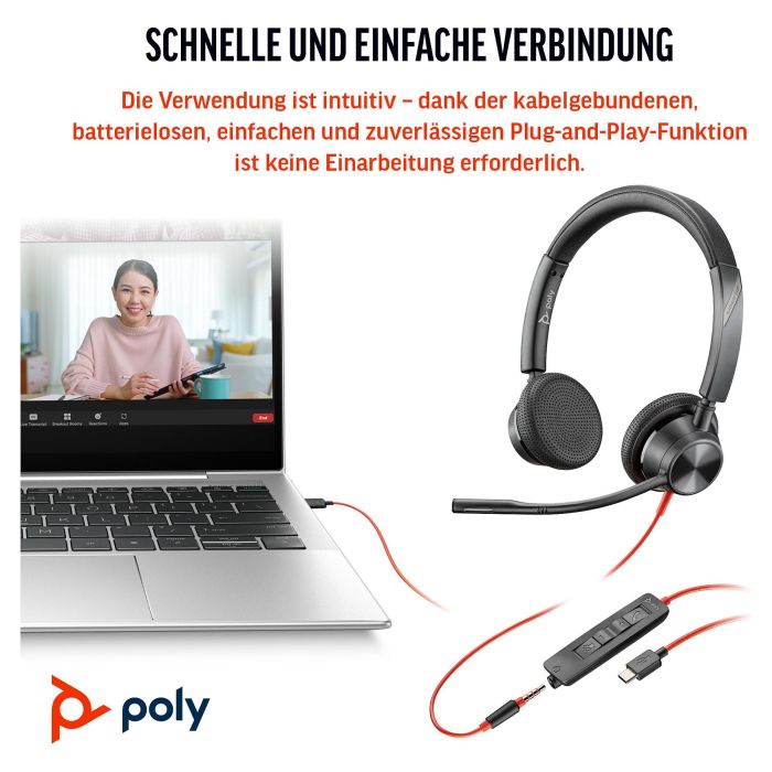 Poly Auriculares Blackwire 3325 Estéreo con Cableado USB-C y Conector de 3.5mm, Certificado para Equipos Microsoft y UC, Color Negro 5