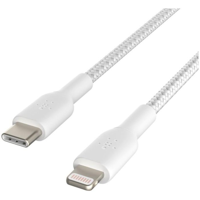 Belkin CAA004BT1MWH - Cable trenzado USB-C a Lightning Boost Charge 1m blanco para carga rápida iPhone/iPad, Certificado MFi
