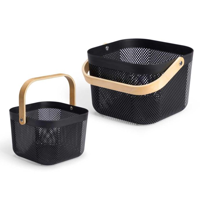 Kipit Cesta Multiusos Negra Cuadrada con Asa 26 x 17 x 24 cm, Plástico y Madera (12 Unidades)