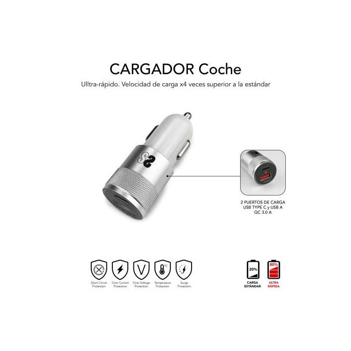 SUBBLIM Cargador coche Dual PD20W+QC3.0+C to C/Lightning S 2 SUBBLIM Cargador coche Dual PD20W+QC3.0+C to C/Lightning S 2