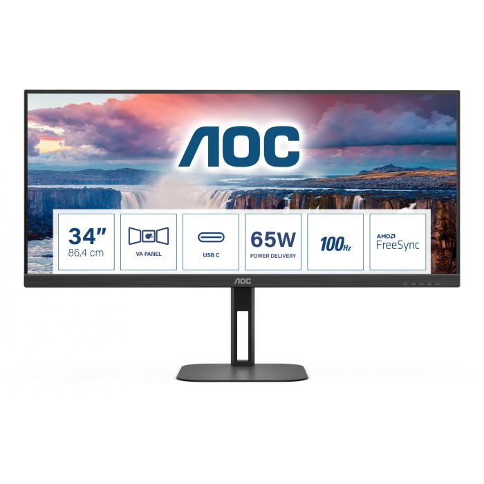 AOC CU34V5C/BK Monitor Curvo VA WQHD de 34" (3440x1440) 21:9, 100Hz, 1ms, USB-C, HDMI, DP, Altavoces, Negro