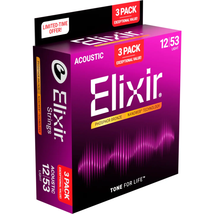 Pack 3 - Juegos Acústica Nanoweb Phosphor/Bz Custom  Light 12-53 Elixir 3