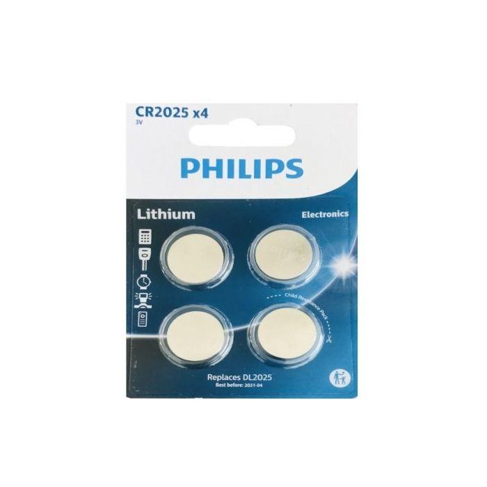 Pack de 4 Pilas de Botón Philips CR2025 Lithium/ 3V