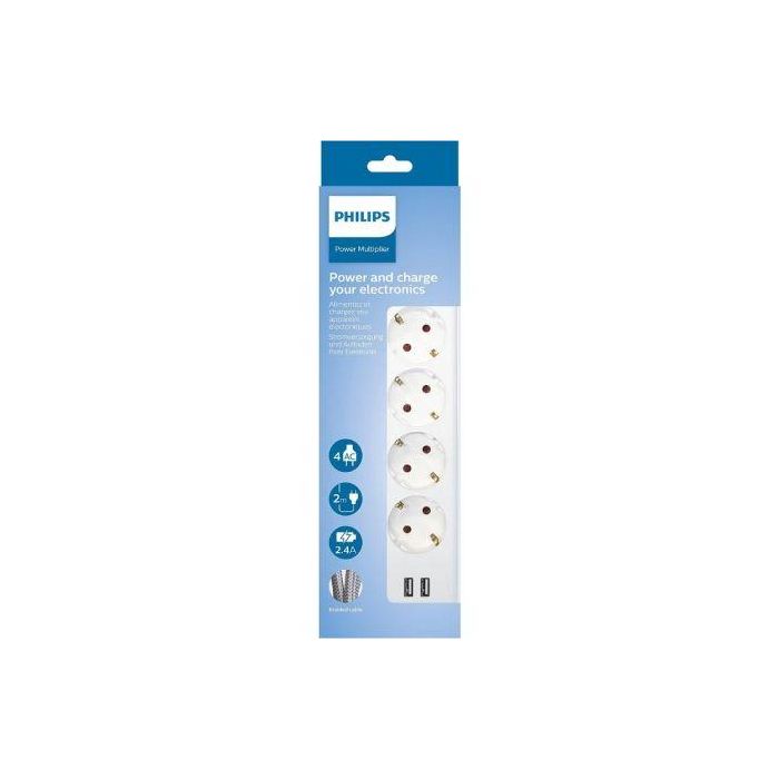 Regleta con Interruptor Philips SPN3042WA/10/ 4 Tomas de Corriente/ 2 USB/ Cable 2m/ Blanco