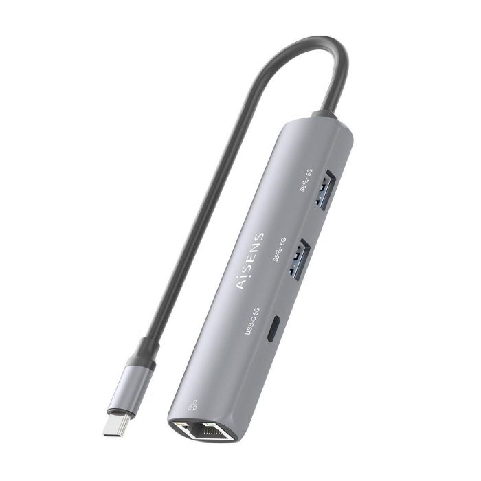 AISENS Dock USB-C a Ethernet Gigabit + 1xUSB-C + 2xUSB-A, Gris, Conector USB 3.1 Gen1, RTL8153B