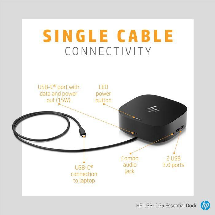 HP G5 USB-C Essential Dock - Estación de Acoplamiento Compacta para Portátiles - Soporte Triple Pantalla, Ethernet, Carga 16 HP G5 USB-C Essential Dock - Estación de Acoplamiento Compacta para Portátiles - Soporte Triple Pantalla, Ethernet, Carga 16
