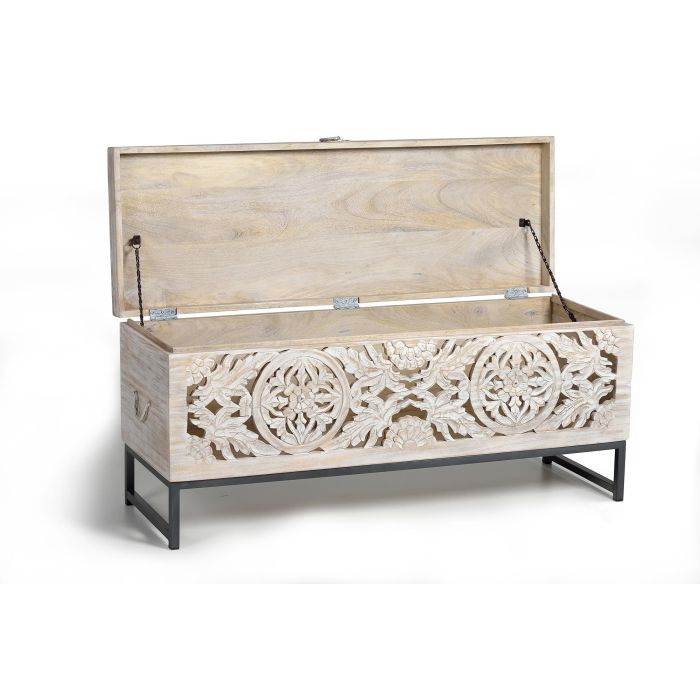 Giner y Colomer Baúl de Madera de Mango y Patas Metal Blanco Envejecido 50x116x40 cm 2