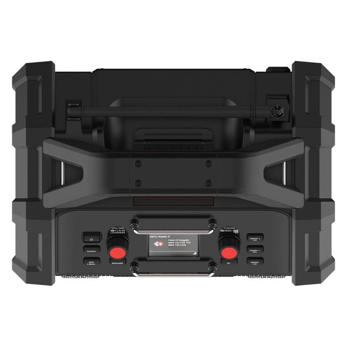 PerfectPro ROCKTAGON Radio de obra digital 30W DAB+ FM Bluetooth 5.2 IP65, 4 altavoces, compatible baterías 18V Bosch Makita DeWalt Milwaukee, USB, Negro/Rojo