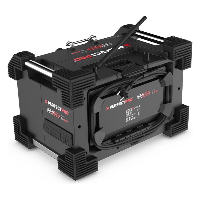 PerfectPro ROCKHART 18V Baustellenradio - Radio de obra digital con DAB+/FM, Bluetooth 5.2, NFC, 60W, 4 altavoces, resistente a golpes y agua (IP44), Negro/Rojo