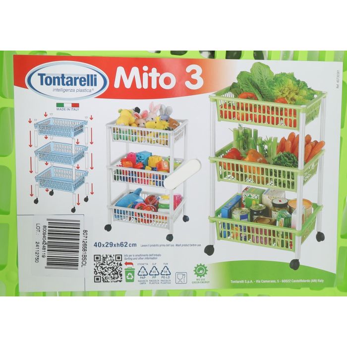 Tontarelli Carrito Verdulero 3 Cestos 40x29x62 cm Mito 3 Verde (12 Unidades)