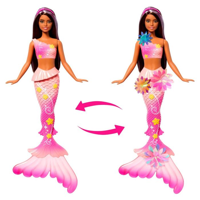 Barbie Jdm73 Muñeca Sirena Florece Morena con Flores Mágicas que Salen de la Aleta, Cabello Castaño con Mechas Moradas y Diadema de Perlas. 3