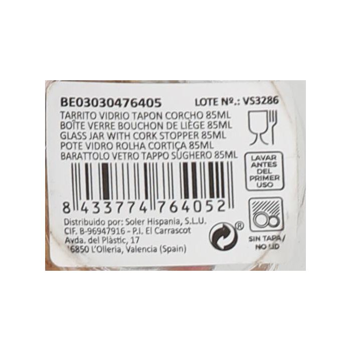 Tarrito de vidrio con tapón de corcho 85 ml - La Mediterranea (36 Unidades) 4 Tarrito de vidrio con tapón de corcho 85 ml - La Mediterranea (36 Unidades) 4