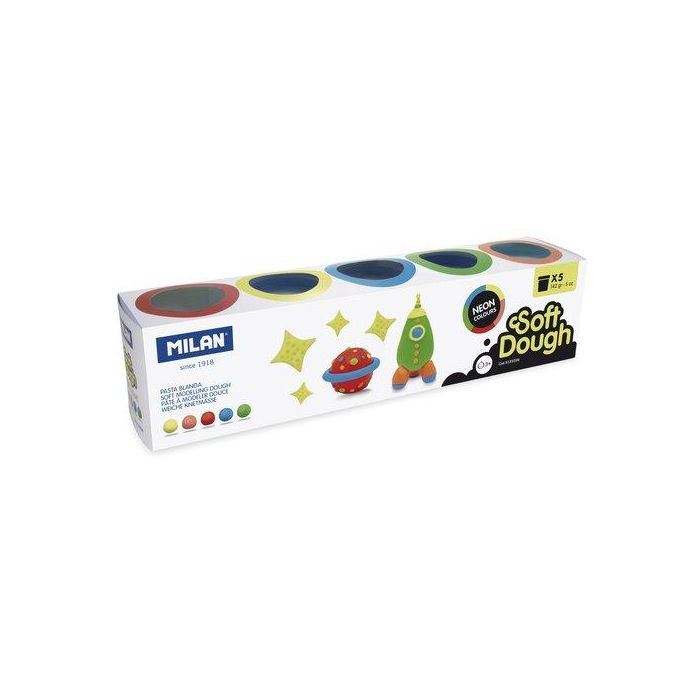 Milan Pasta de Modelar Soft Dough Neón, 5 Botes Colores Surtidos, Blanda y Elástica, 142g Cada Uno