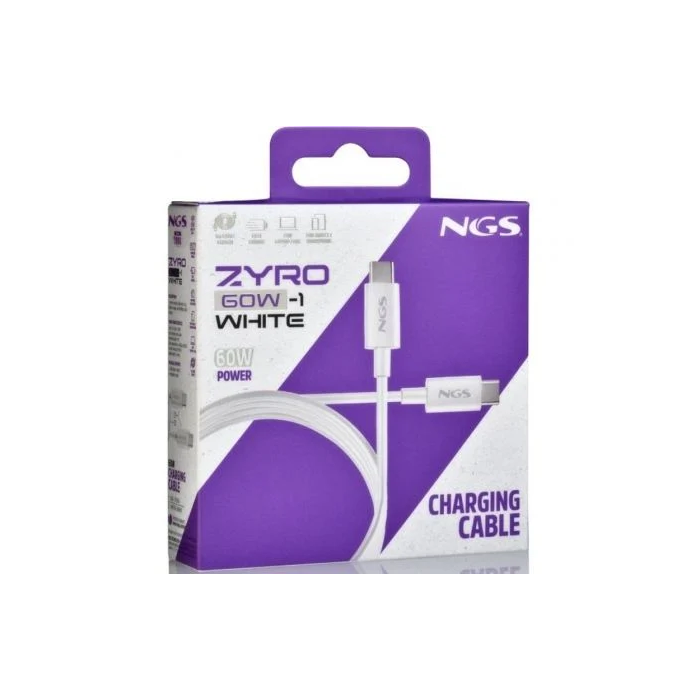 NGS Cable USB Tipo-C Macho - USB Tipo-C Macho ZYRO 60W-1 Blanco 1m Carga Rápida 60W USB 2.0 480Mbps 4