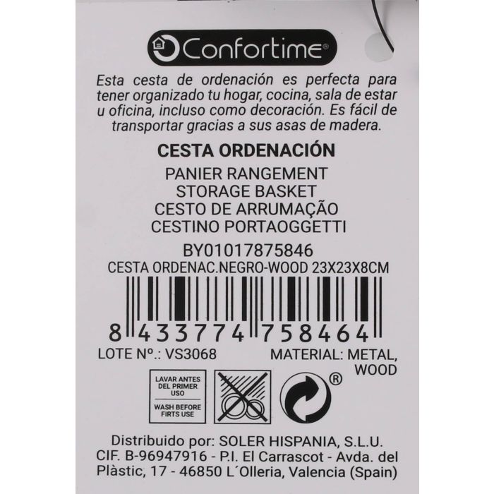 Confortime Cesta Organizadora Negra con Madera, para Ordenar y Almacenar, 24.5 x 23 x 8 cm (6 Unidades)