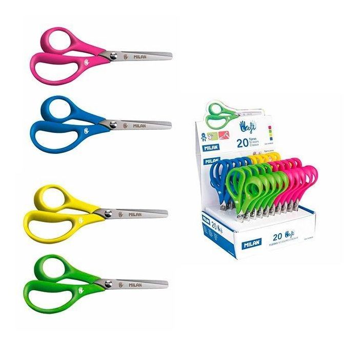 Milan Tijeras Escolares para Zurdos 14cm, Hoja de Acero Inoxidable y Punta Redondeada, Mango de Plástico, Colores Surtidos (20 Unidades)