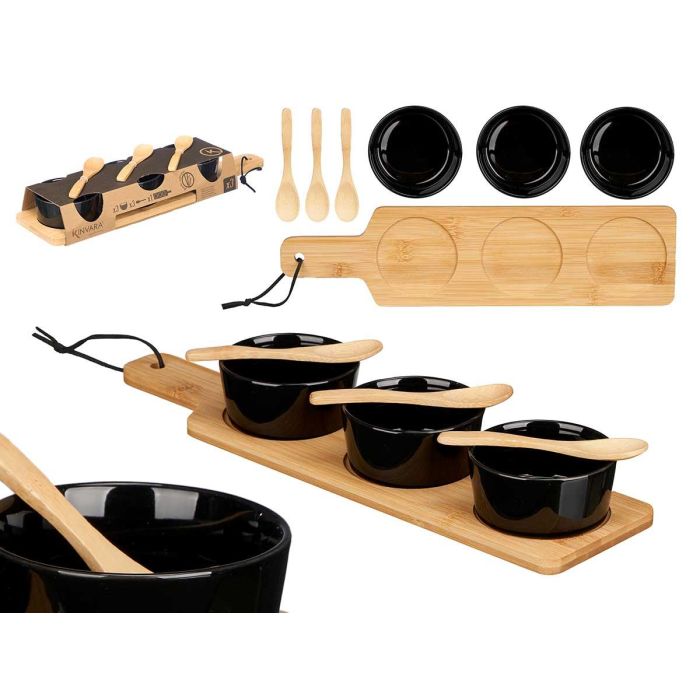 Set 3 Bols Cerámica Negra con Cuchara y Bandeja de Bambú Kinvara - 39x10x6 cm (12 Unidades) Set 3 Bols Cerámica Negra con Cuchara y Bandeja de Bambú Kinvara - 39x10x6 cm (12 Unidades)