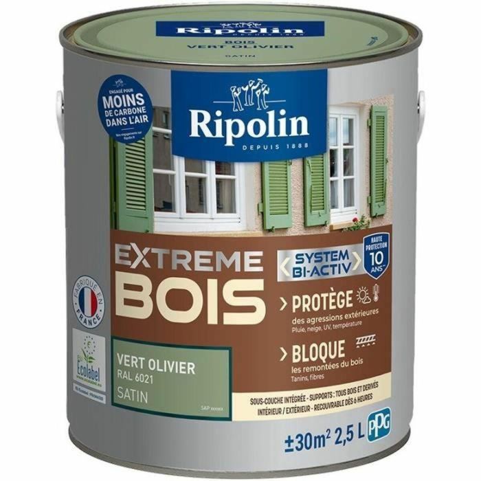 Ripolin Pintura Madera y Hierro Interior Exterior Verde Oliva Ral 6021 Satinado 2,5L Fácil Aplicación Directa y Resistente a Golpes