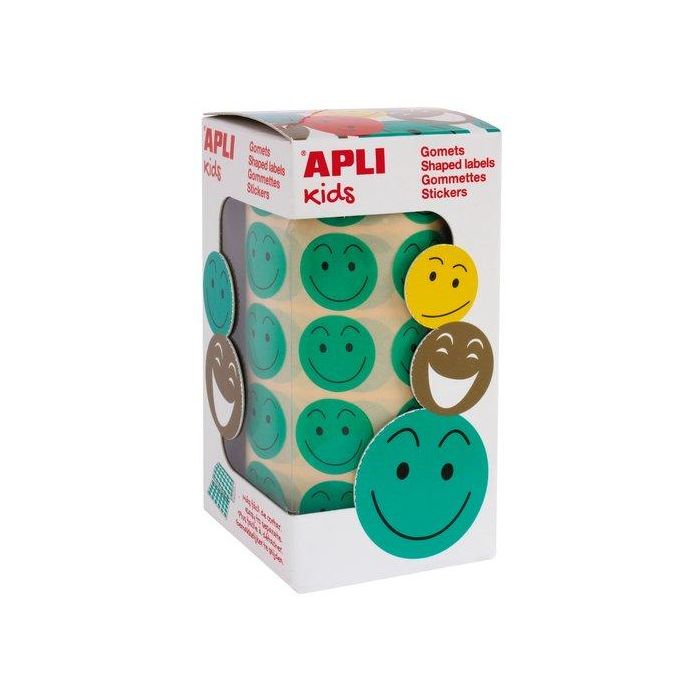 Apli Gomets autoadhesivos redondos Smile cara feliz verde 20mm rollo de 900 unidades