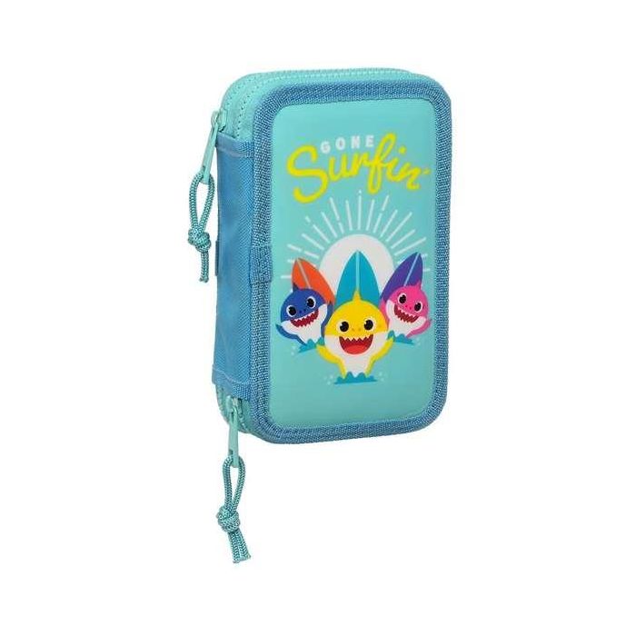 Plumier Doble Baby Shark Surfing Azul Blanco 12.5 x 19.5 x 4 cm (28 piezas)