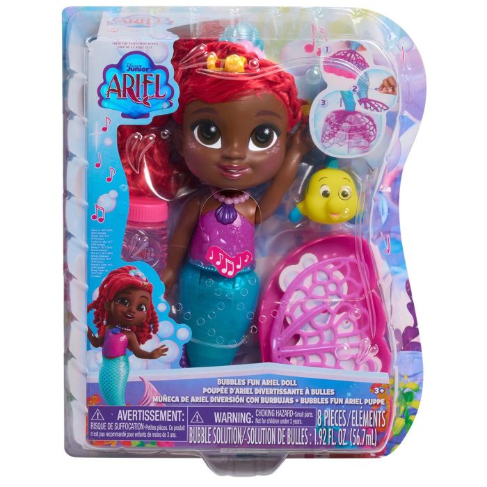 Just Play 39902 Muñeca Sirena Princesa Ariel Disney Junior Bubbles, Sonido y Canción 'Shimmer', Figura Flounder y Solución Burbujas 30cm 1