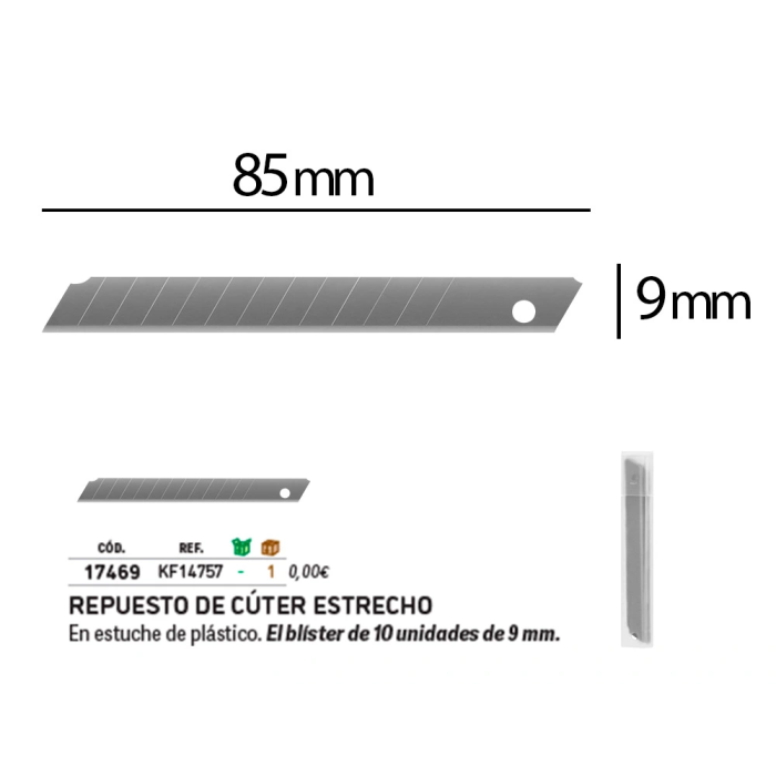 Q-connect Repuesto Cúter Estrecho para Modelos KF10631/KF00234/KF10940/KF10938/KF10934 Cuchilla 9 mm Blíster 10 Unidades 1