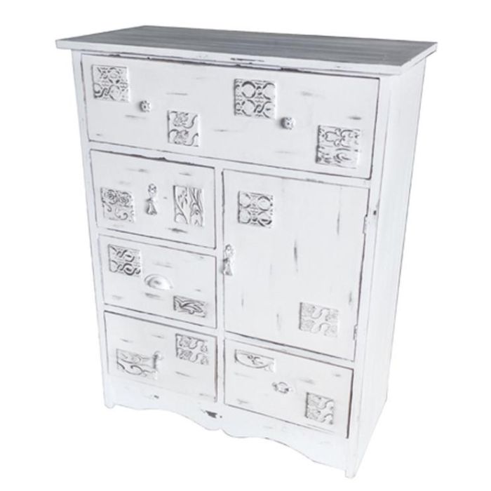 DKD Home Decor Cajonera Romántica de Madera Blanca con 5 Cajones y 1 Puerta (38 cm Fondo x 78 cm Ancho x 102 cm Alto)