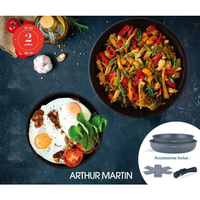 Arthur Martin AM2977 Juego de 2 Sartenes Antiadherentes Ø 24-28 cm con Mango Extraíble Apta Todo Tipo de Fuegos Gris Mate 3
