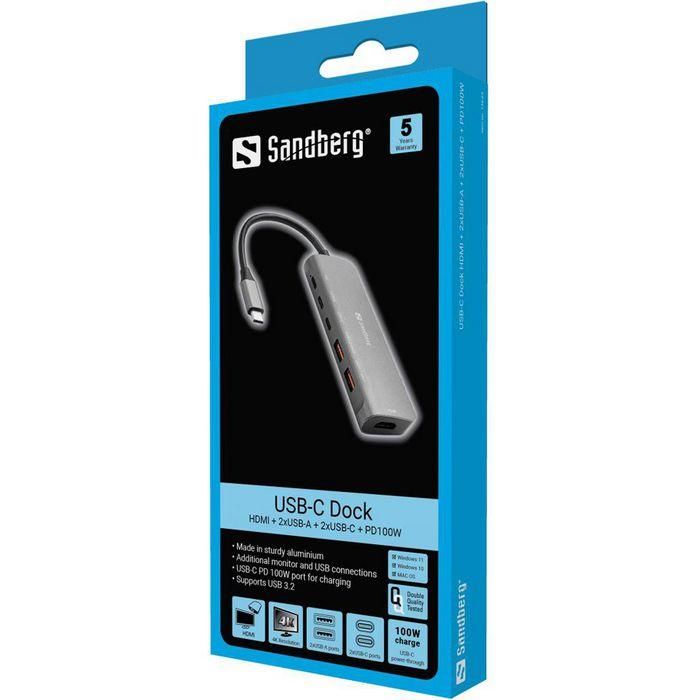 Sandberg USB-C Dock HDMI + 2xUSB-A + 2xUSB-C + PD100W 2 Sandberg USB-C Dock HDMI + 2xUSB-A + 2xUSB-C + PD100W 2
