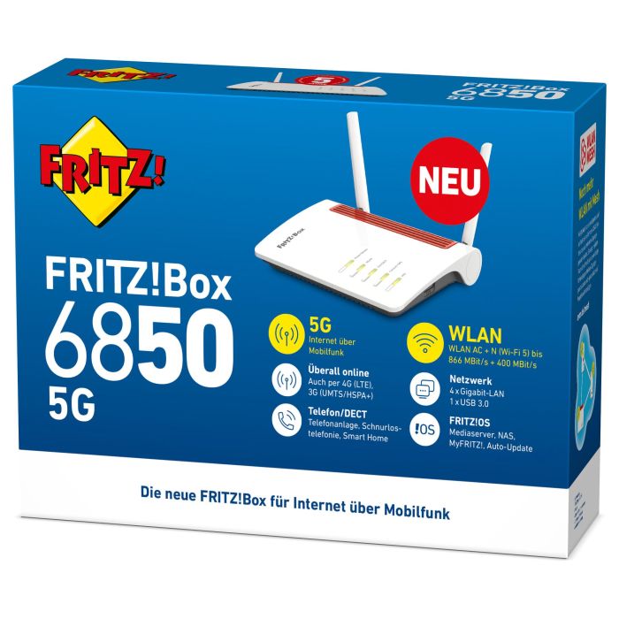 AVM Fritz!Box 6850 5G Router Wi-Fi 5 (802.11ac) Doble Banda 2.4/5 GHz Ethernet Puertos Gigabit Negro Rojo Blanco 2