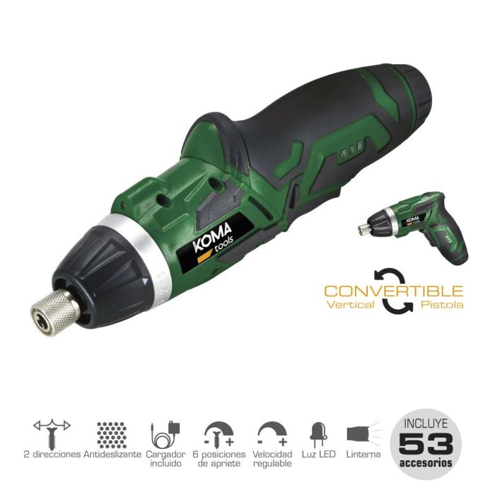Koma Tools 3v-ar53 Atornillador a Batería Reversible 3.6V Litio-Ion 1300 mAh, 53 Accesorios, Mango Doble Posición, Par 3 Nm, Luz LED 1 Koma Tools 3v-ar53 Atornillador a Batería Reversible 3.6V Litio-Ion 1300 mAh, 53 Accesorios, Mango Doble Posición, Par 3 Nm, Luz LED 1