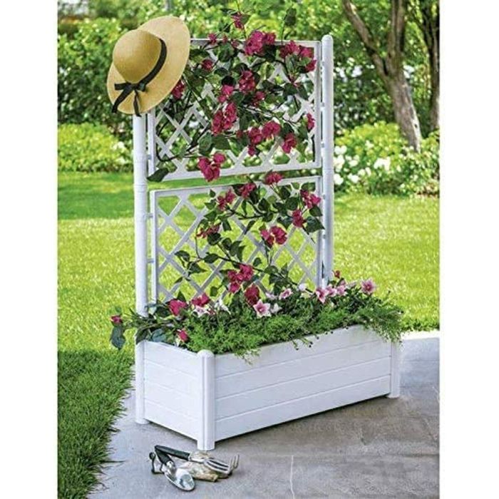 STEFANPLAST Caja de flores rectangular con enrejado - Acabado en madera - 100 x 43 x H 142 cm - 80 L - Blanco 1