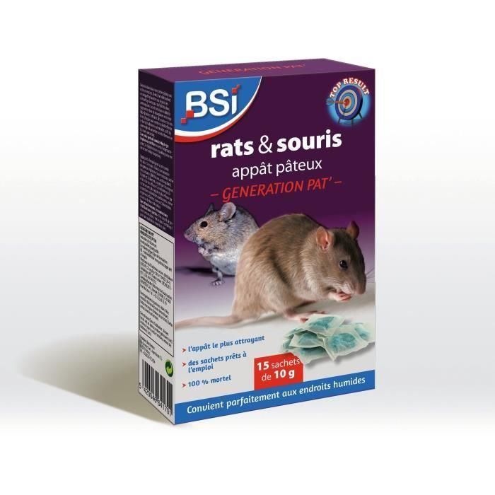 Antiratas y ratones 150g - BSI - Efectividad radical - Generación Pat' - 15 sobres de pasta de 10g - Alta calidad - Apto para zonas húmedas