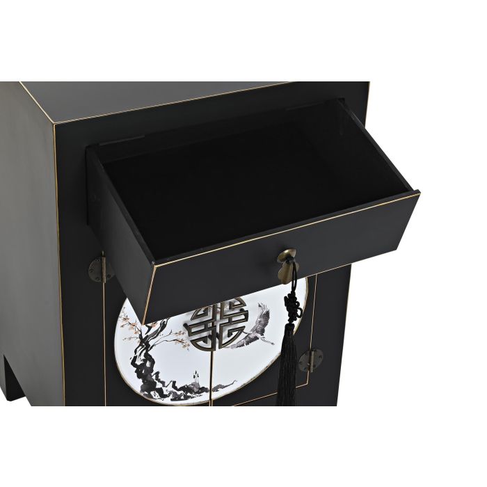 DKD Home Decor Mesita de Noche Oriental Masako, con 1 Cajón y 2 Puertas, de Abeto y MDF, Negro Blanco Dorado, 36x66x45 cm 3