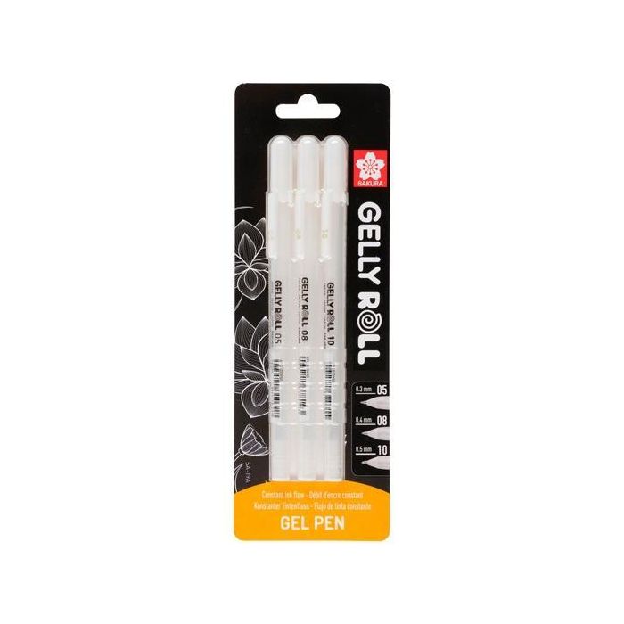 Talens Gelly Roll Blister 3 Bolígrafos 05-08-10 Blanco Brillante Tinta Opaca Resistente Agua y Desvanecimiento Ideal Rotulación Manual
