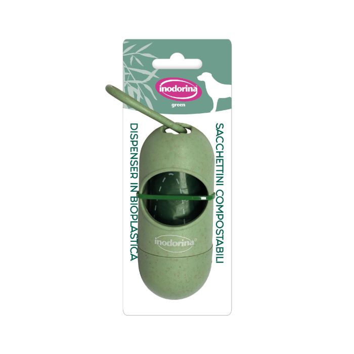 Inodorina Dispensador de Bolsas Higiénicas Compostables de Fibra de Maíz para Perros + 1 Rollo, Resistentes, Color Verde