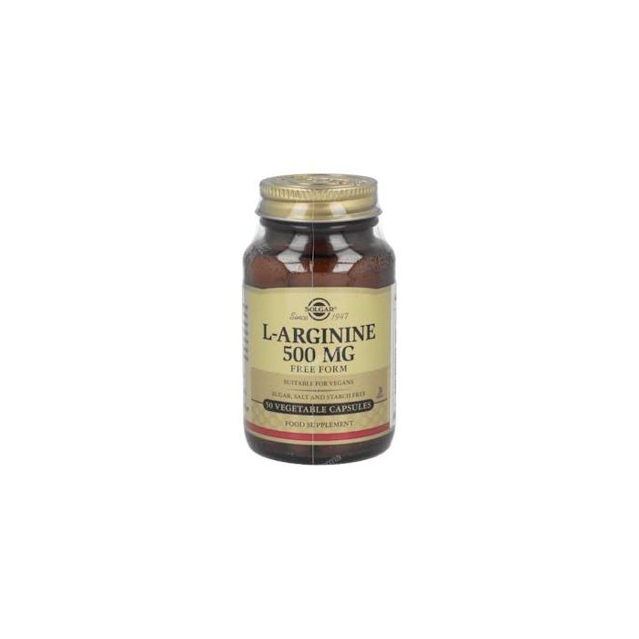 SOLGAR L-Arginina 500 mg, Aminoácido de Forma Libre para Metabolismo Muscular, Apto Veganos, 50 Cápsulas Vegetales