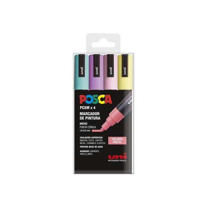 POSCA Marcadores de Pintura PC-5M Punta Cónica 1.8-2.5mm, No Permanente, Base Agua, 4 Colores Pastel - Verde Marino, Verde Claro, Rosa Claro, Amarillo Sol